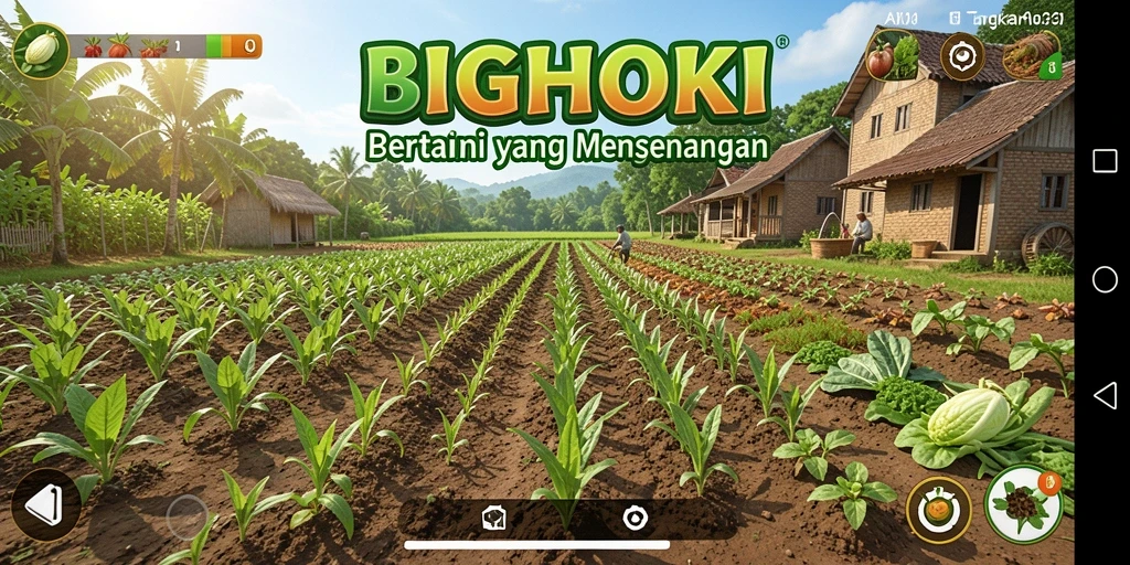 Tampilan gameplay BIGHOKI yang menampilkan aktivitas bertani yang seru.