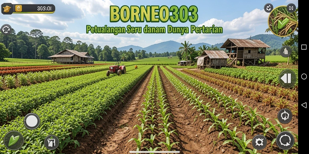 Screenshot utama BORNEO303 menampilkan aktivitas bertani yang seru dan interaktif.