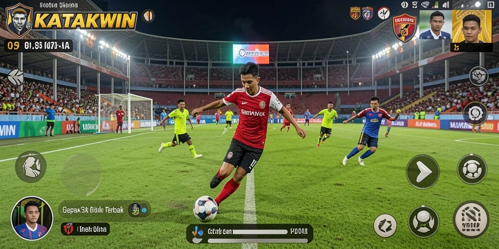 Tampilan permainan KATAKWIN dengan aksi sepak bola yang seru.
