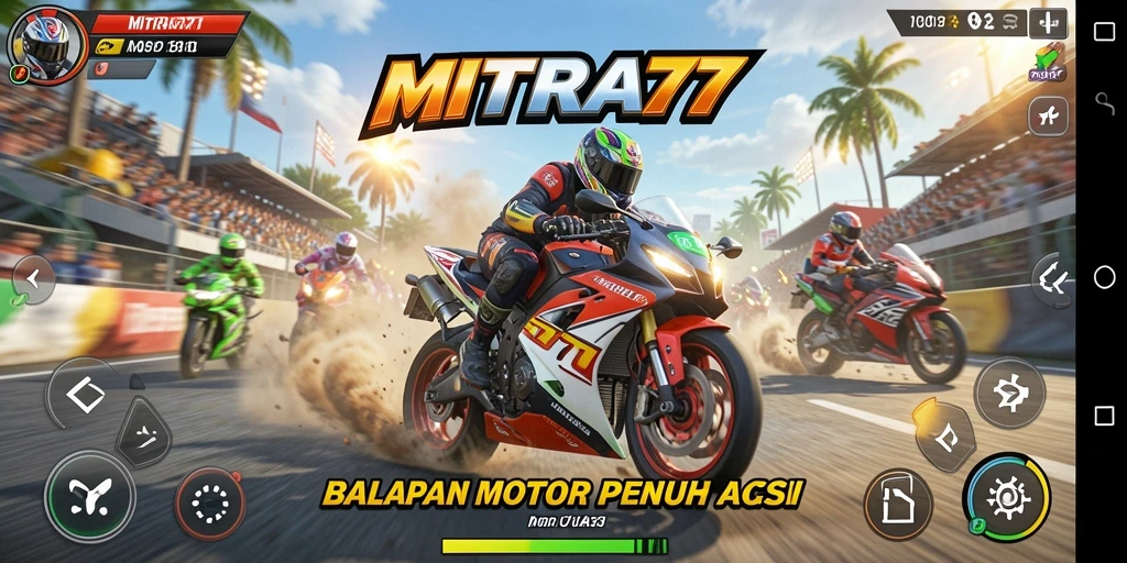 Tampilan gameplay seru di MITRA77 dengan balapan motor yang intens.