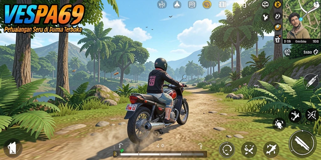Tampilan gameplay VESPA69 menunjukkan dunia terbuka yang indah.